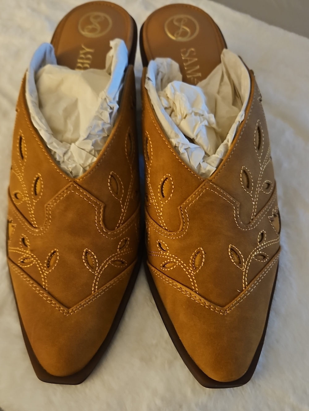 Sam & Libby Tan Suede Pointed-Toe Mules with Leaf Cutouts